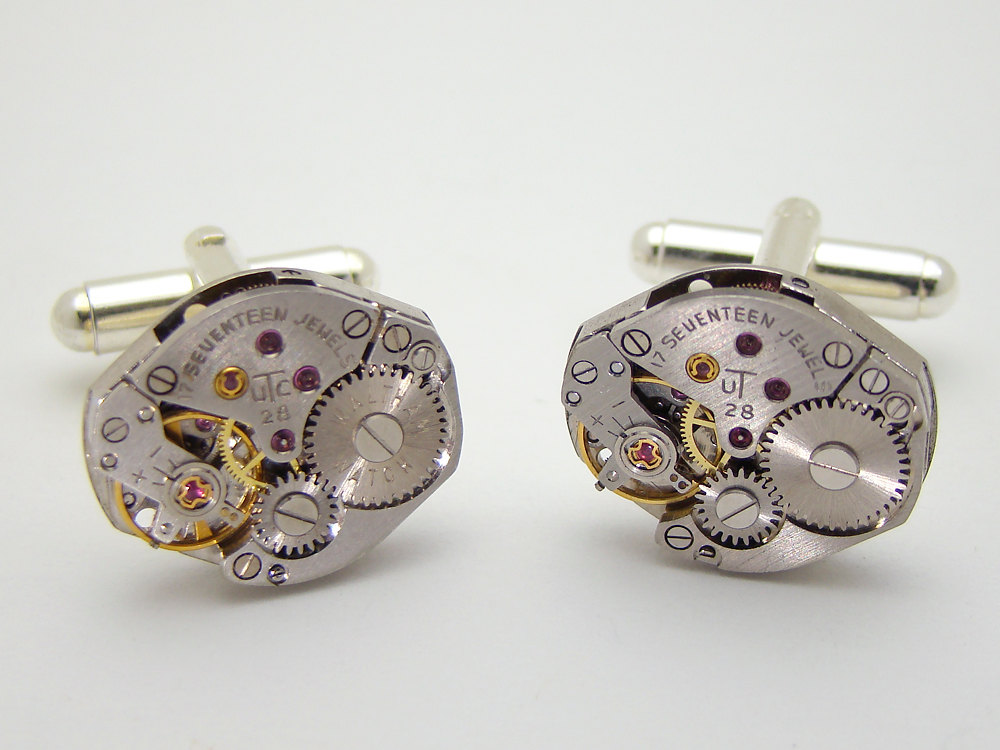 Steampunk cufflinks silver watch movements gears ruby jewel wedding formal wear mens cuff links jewelry