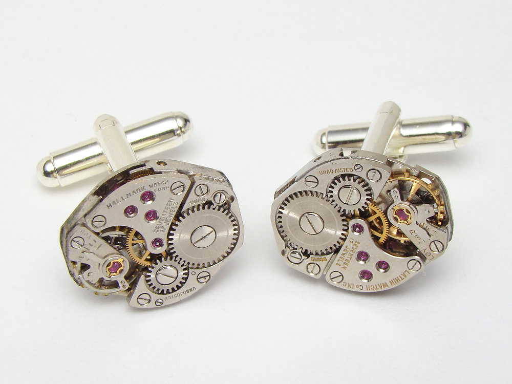 Steampunk cufflinks silver watch movements ruby jewel mens cufflinks wedding anniversary watch jewelry