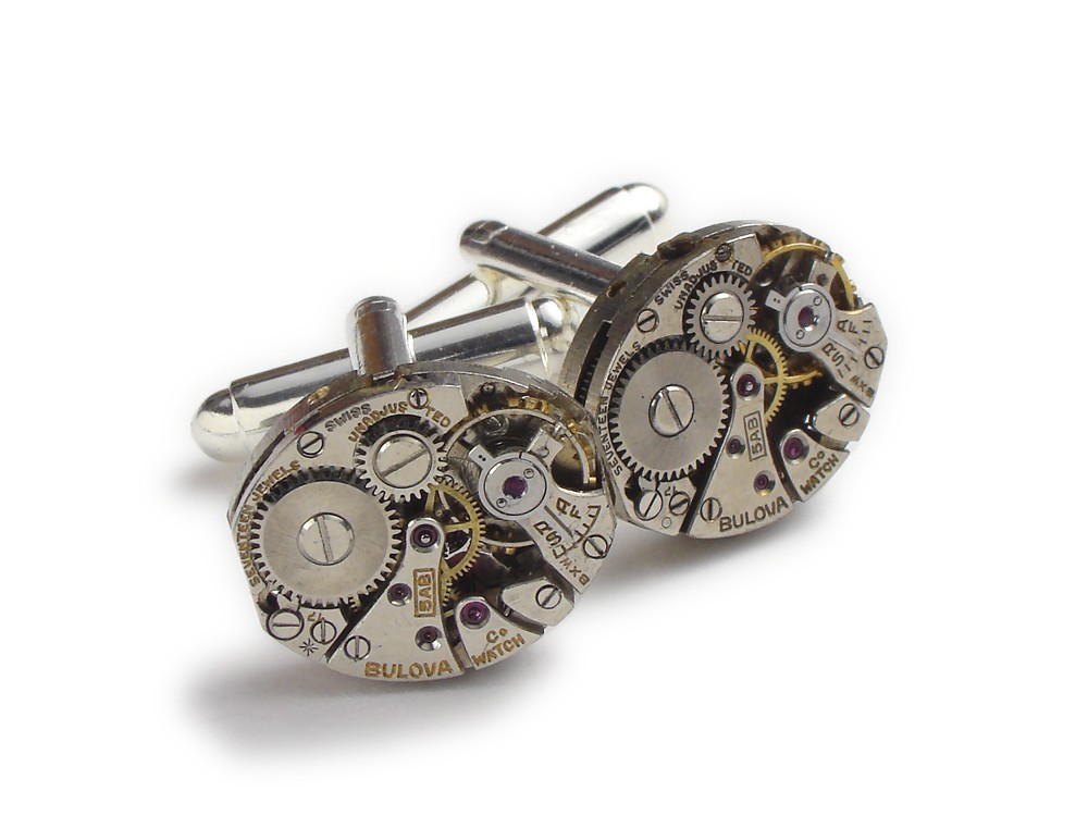Steampunk Cufflinks Steampunk Jewelry Bulova watch movements gears Wedding Anniversary Groom silver cuff links men jewelry