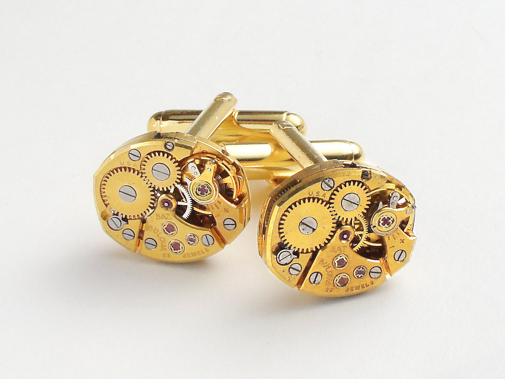 Steampunk cufflinks vintage Bulova watch movements gears wedding anniversary Grooms gold cuff links men jewelry