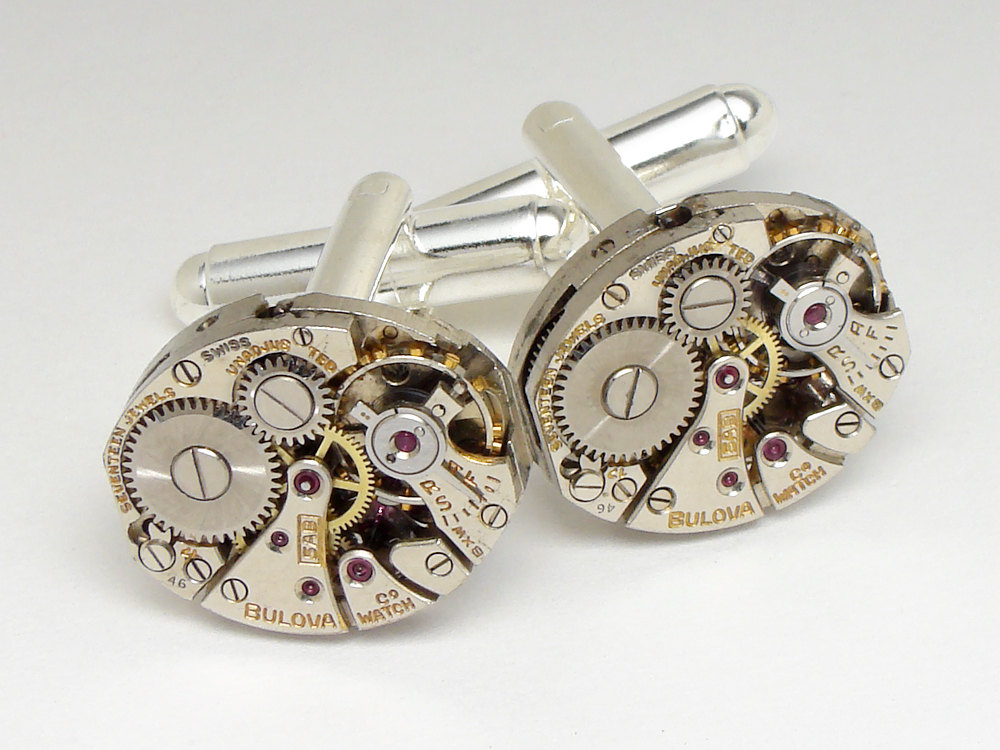 Steampunk Cufflinks Vintage Bulova watch movements gears wedding anniversary grooms silver cuff links men jewelry