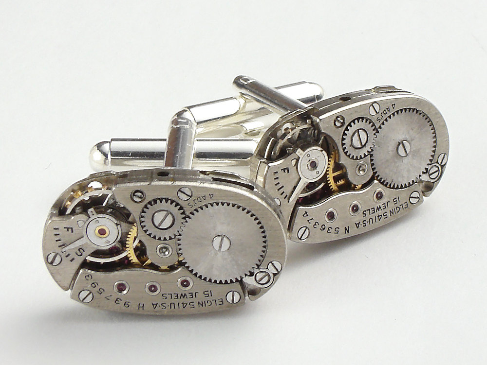 Steampunk cufflinks vintage silver Elgin oval watch movements wedding accessory anniversary mens cuff links jewelry