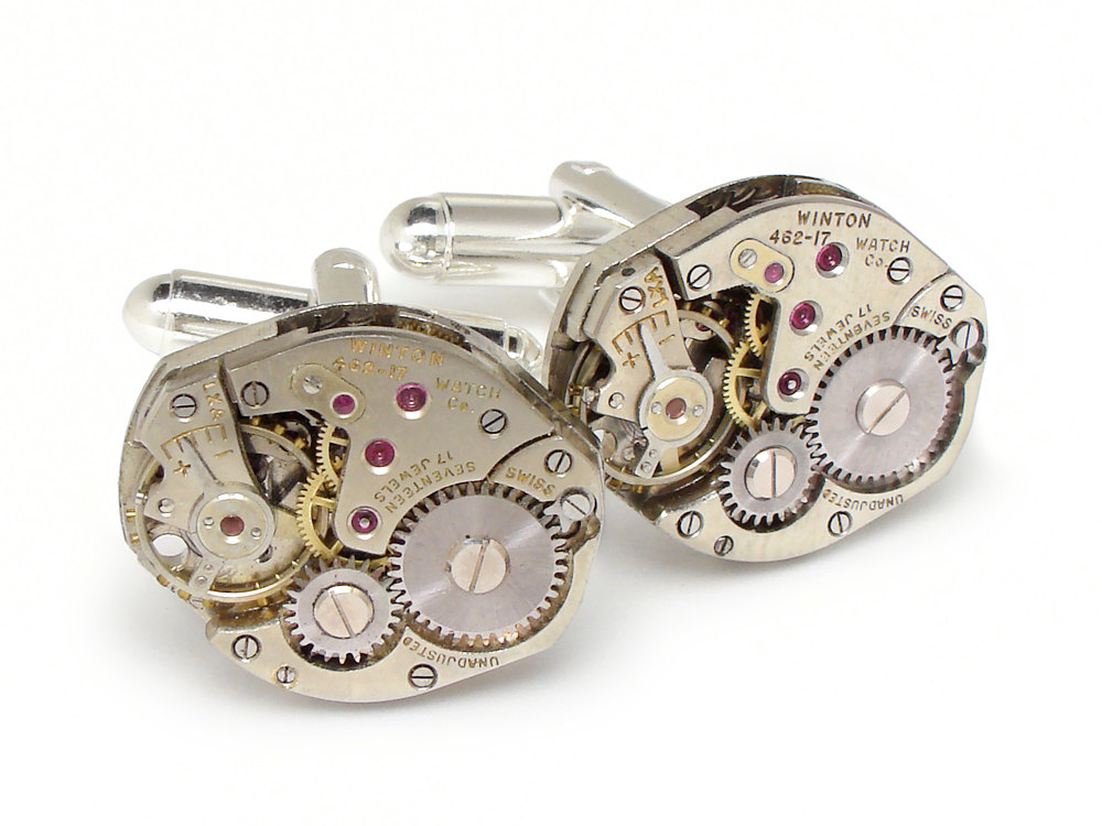 Steampunk cufflinks vintage watch movements circa 1940 17 ruby jewel silver satin brushed finish mens wedding anniversary cuff links jewelry original design