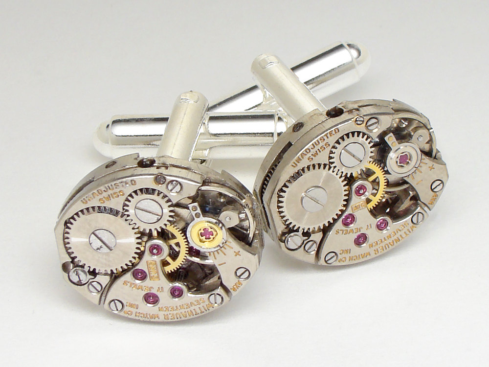 Steampunk Cufflinks Vintage watch movements gears wedding anniversary Grooms Best man formal wear silver cuff links men jewelry