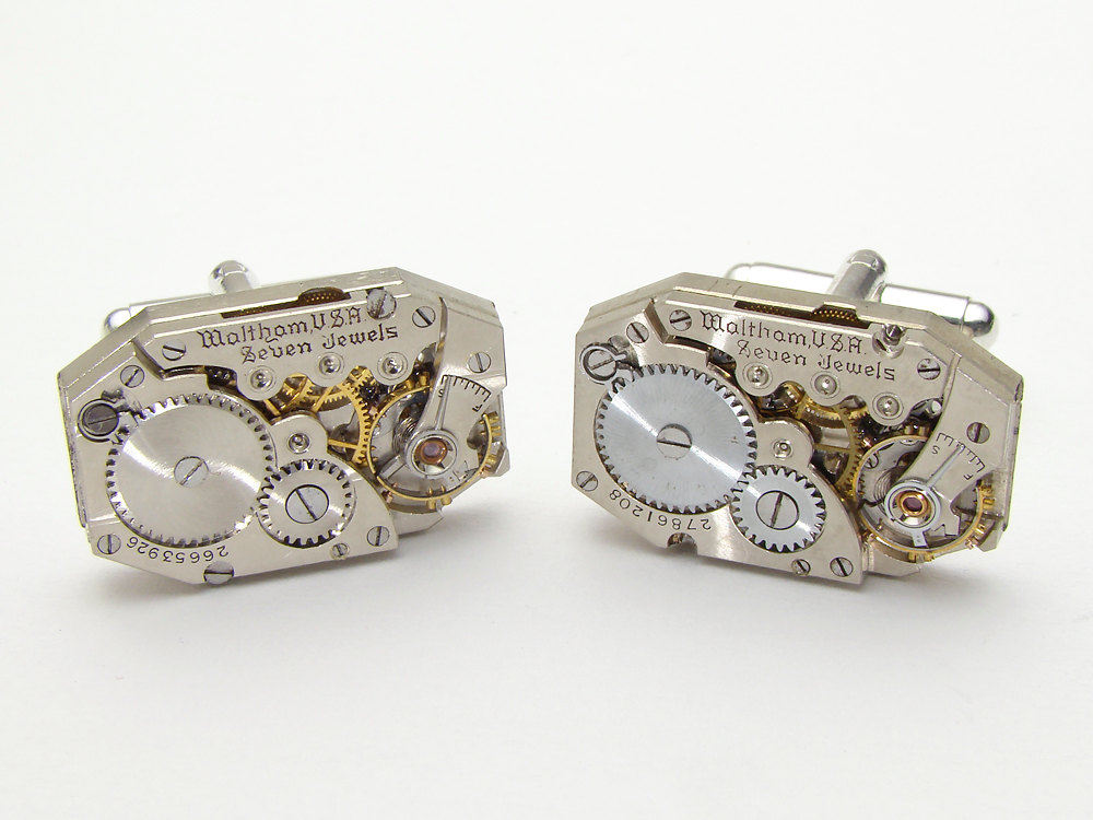 Steampunk cufflinks Waltham watch movements gears rectangle mens wedding accessory silver cuff links jewelry