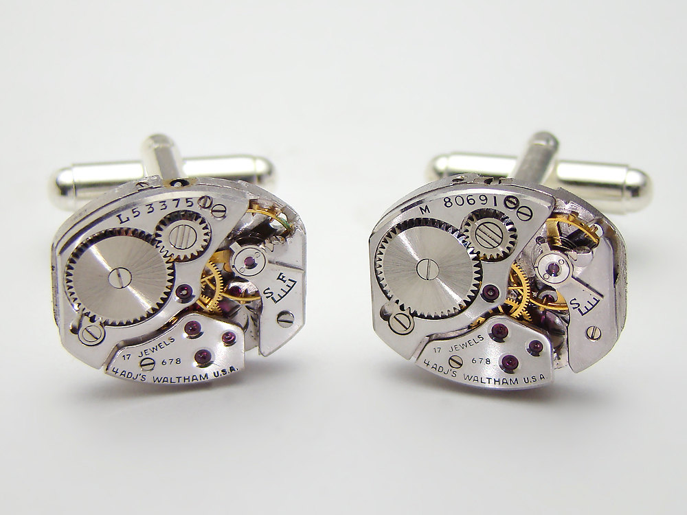 Steampunk cufflinks Waltham watch movements gears wedding anniversary silver cuff links men jewelry