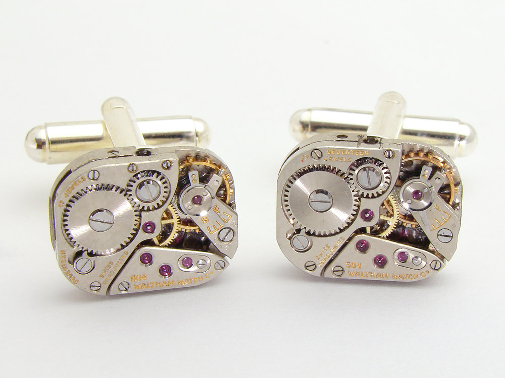 Steampunk cufflinks Waltham watch movements gears wedding formal mens silver cuff links clock work jewelry
