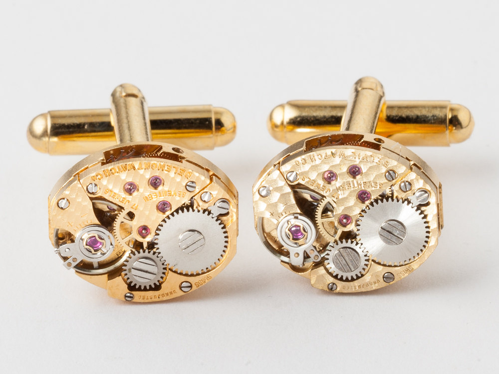 Steampunk cufflinks watch movements gears oval wedding anniversary Grooms gold cuff links men jewelry