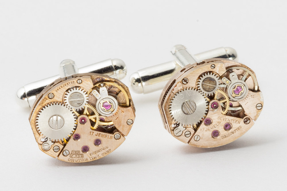 Steampunk cufflinks watch movements gears rose gold wedding anniversary silver cuff links mens jewelry