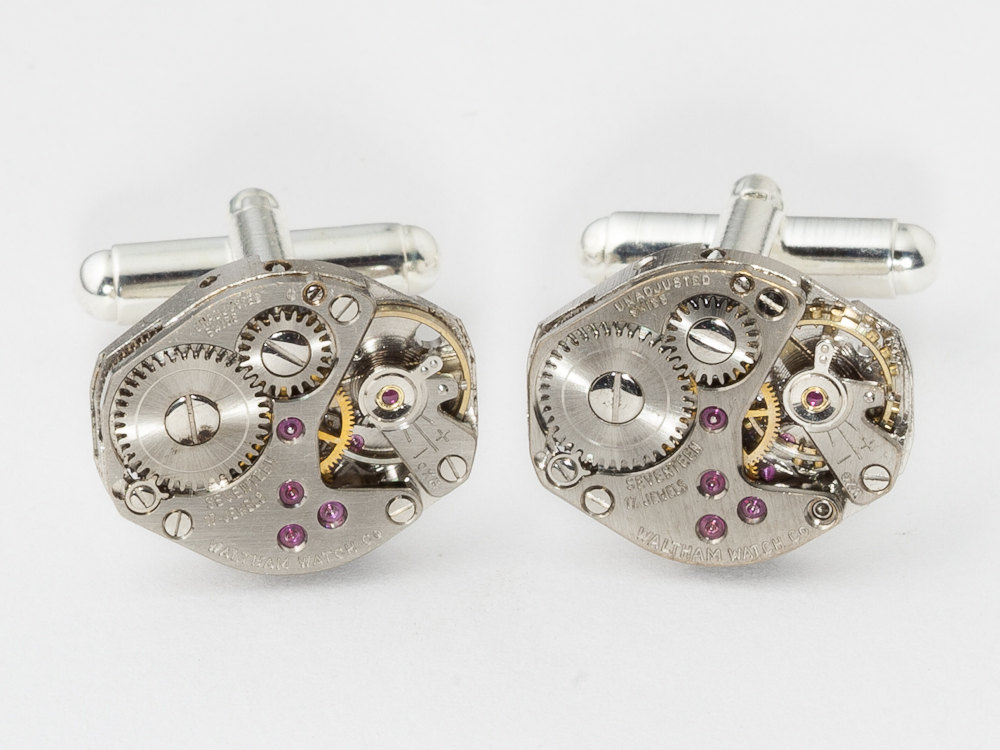 Steampunk cufflinks watch movements gears wedding anniversary grooms silver cuff links men jewelry
