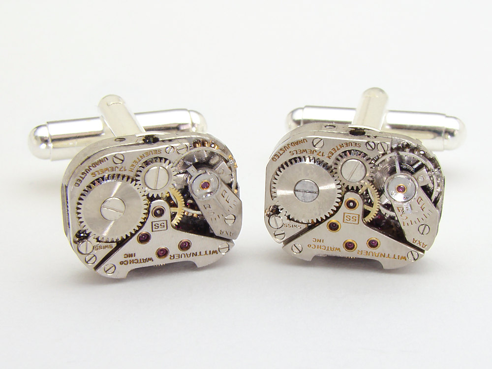 Steampunk cufflinks watch movements gears wedding anniversary grooms silver cuff links mens jewelry
