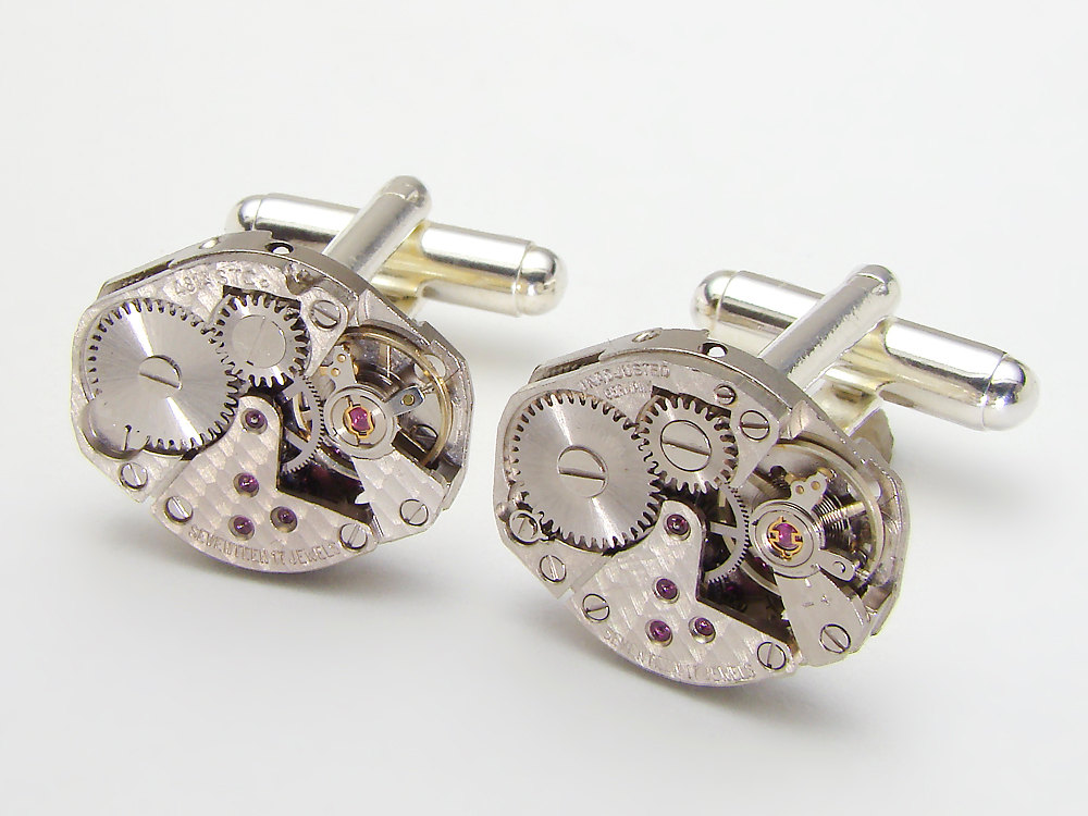 Steampunk cufflinks watch movements gears wedding formal wear grooms silver Industrial mens jewelry