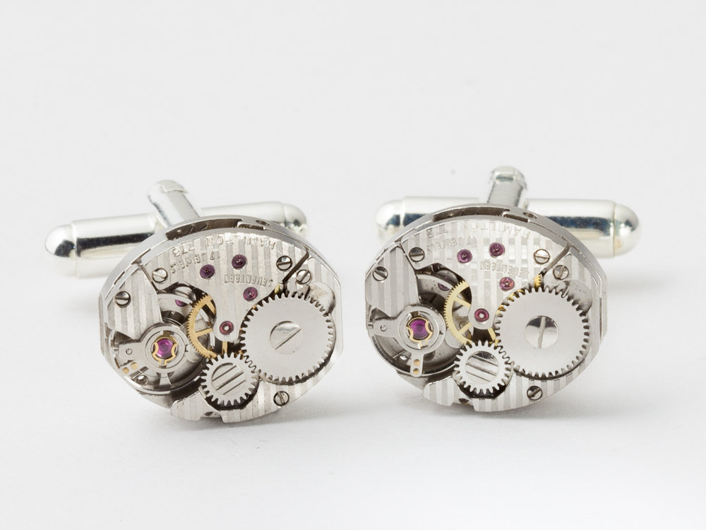 Steampunk cufflinks watch movements Hamilton silver pinstripe gears wedding grooms cuff links men jewelry