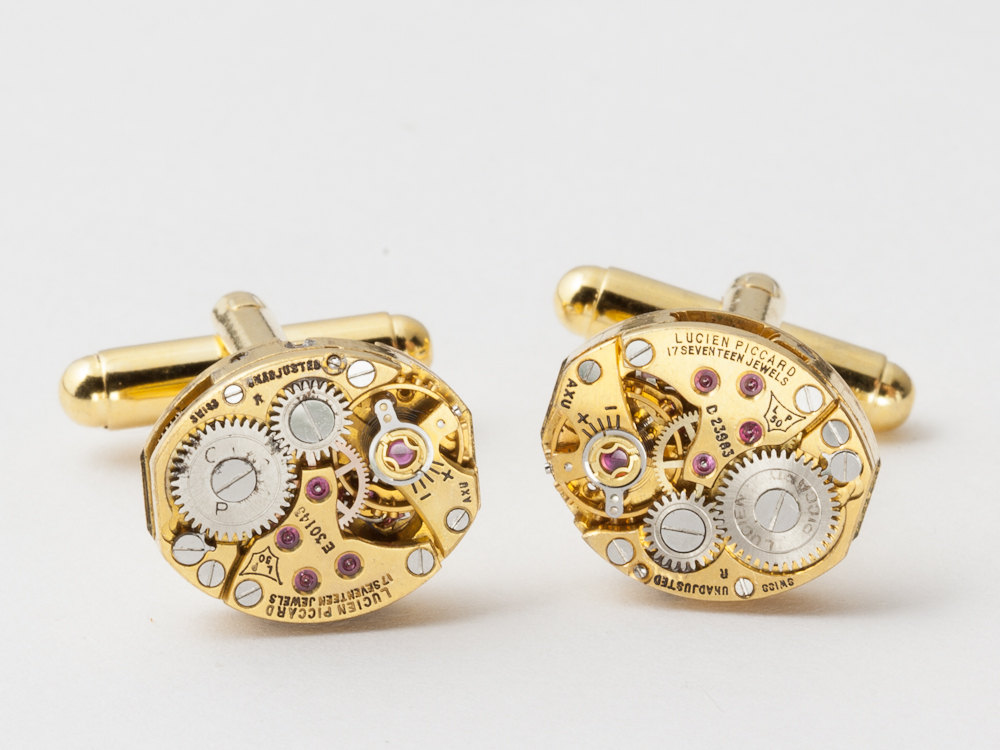 Steampunk cufflinks watch movements rare Lucien Piccard wedding anniversary gold cuff links men jewelry