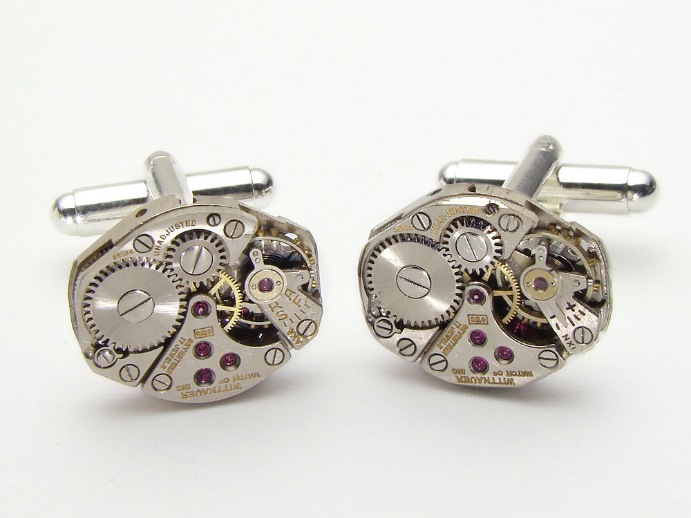 Steampunk cufflinks Wittnauer ruby jewel watch movements antique silver mens wedding anniversary cuff links