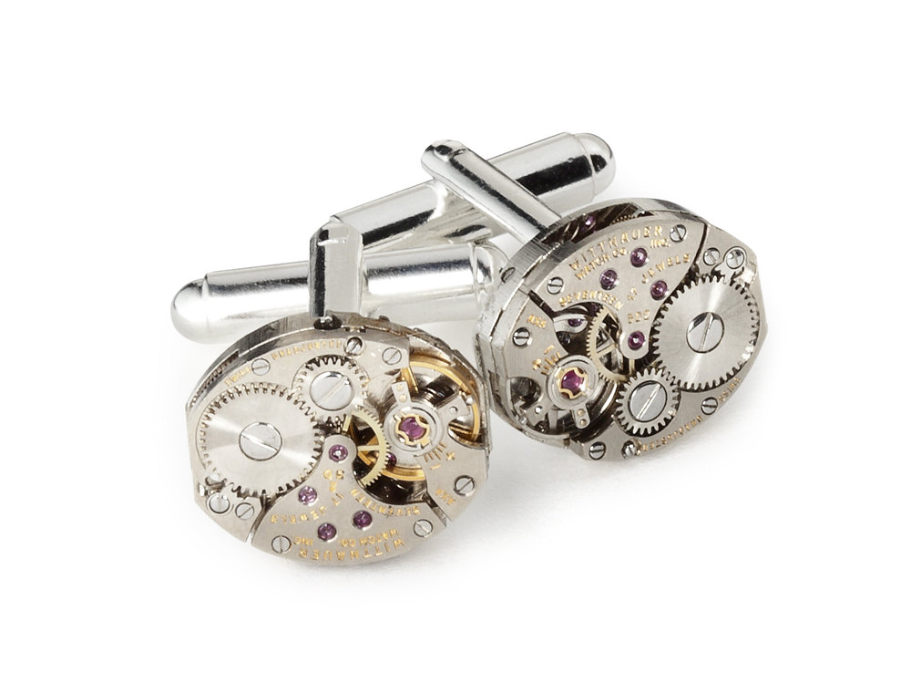 Steampunk cufflinks Wittnauer watch movements gears wedding Anniversary silver cuff links men jewelry