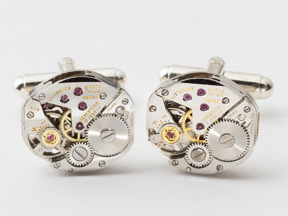 Steampunk Cufflinks Wittnauer watch movements wedding anniversary grooms silver cuff links men jewelry