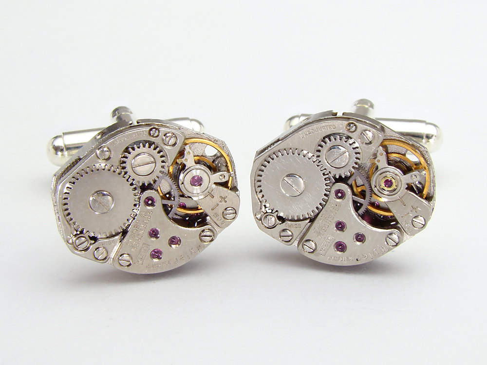 Steampunk cufflinks Wyler watch movements gears mens wedding accessory silver cuff links clock work jewelry
