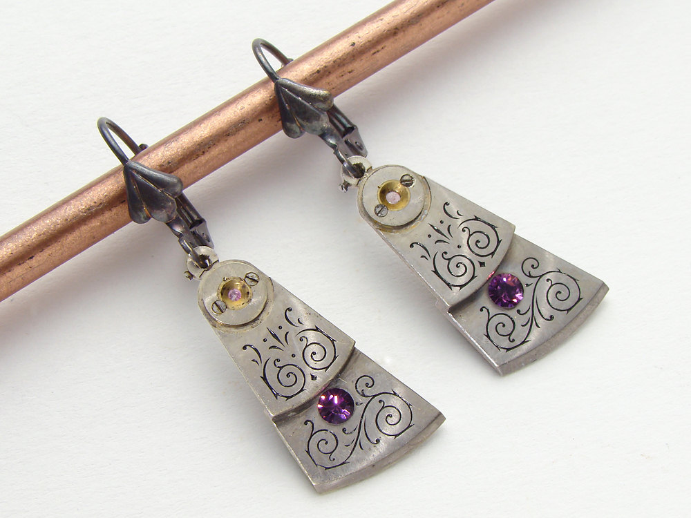 Steampunk Earrings antique engraved silver pocket watch gear plates purple Swarovski crystal Victorian jewelry