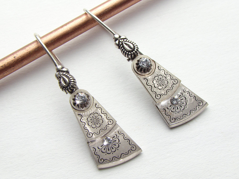 Steampunk Earrings antique engraved silver pocket watch gear plates Swarovski crystal flower Victorian jewelry