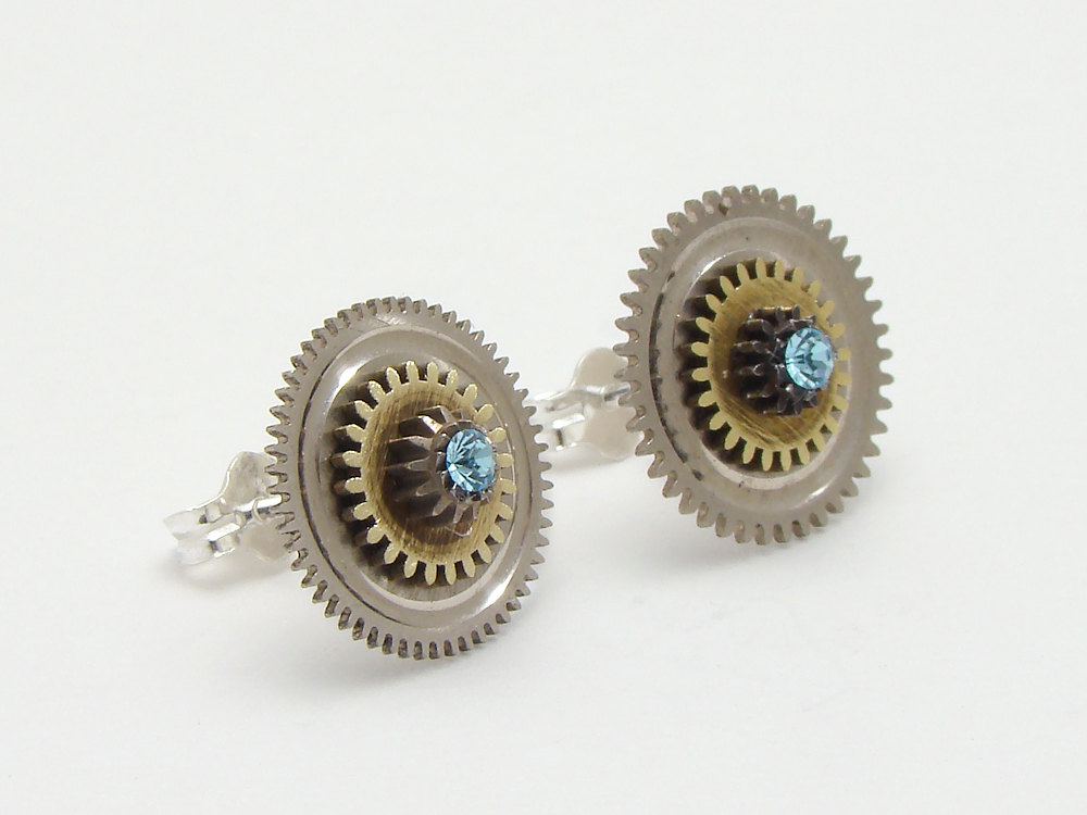 Steampunk Earrings antique gold pocket watch gears cogs wheels Sterling silver studs blue Swarovski crystal