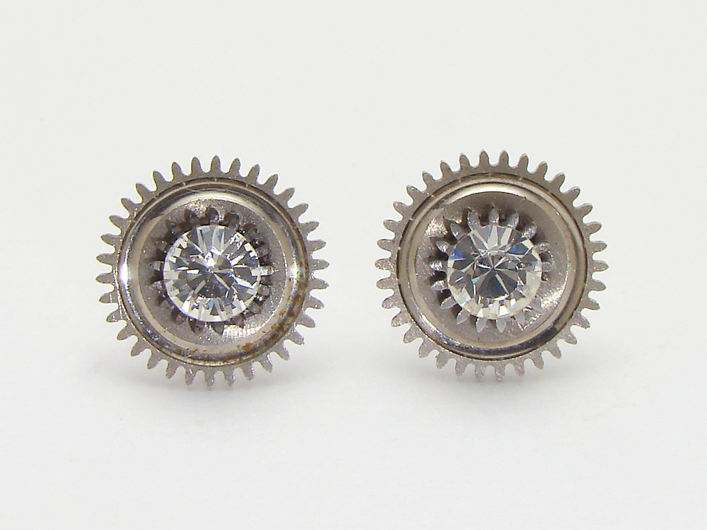 Steampunk Earrings antique pocket watch gears cogs wheels Sterling silver studs Swarovski crystal jewelry
