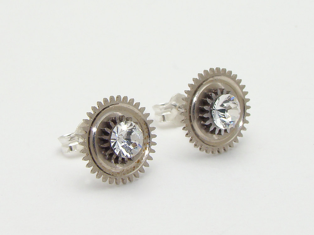 Steampunk Earrings antique pocket watch gears cogs wheels Sterling silver studs Swarovski crystal jewelry