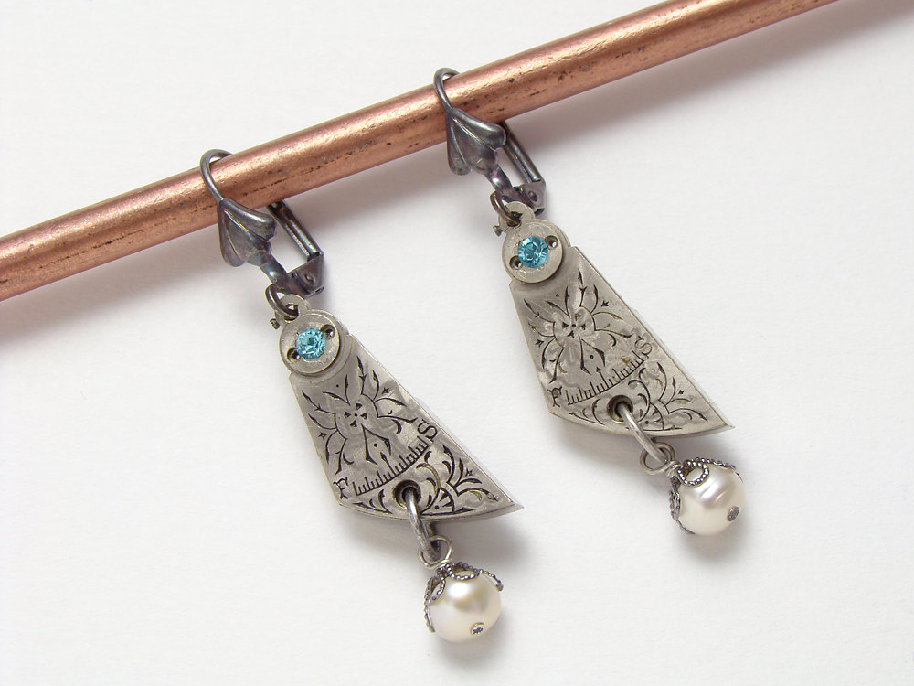 Steampunk Earrings antique silver engraved pocket watch gear plates pearls blue swarovski crystal filigree