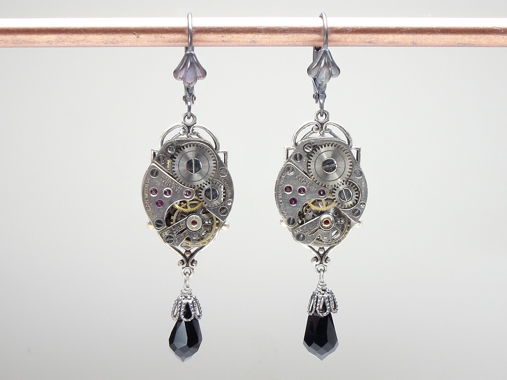Steampunk Earrings antique silver watch movements gears filigree black Swarovski crystal
