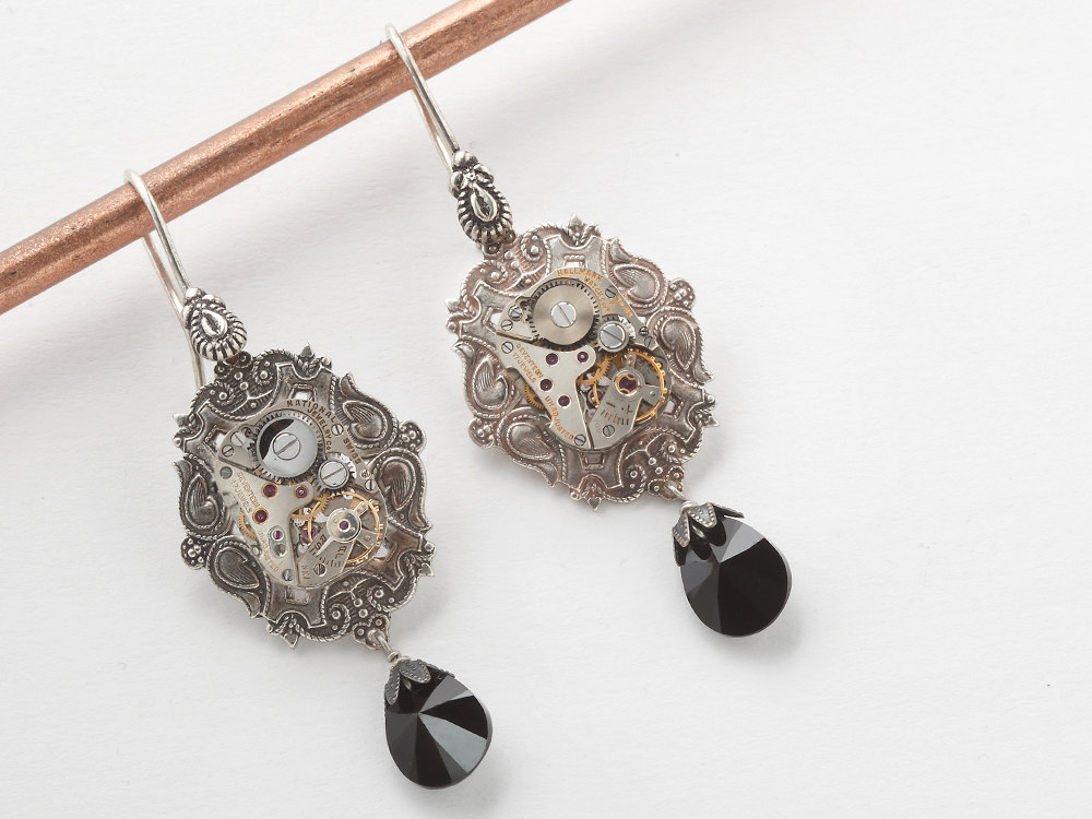 Steampunk Earrings antique silver watch movements gears filigree black Swarovski crystal