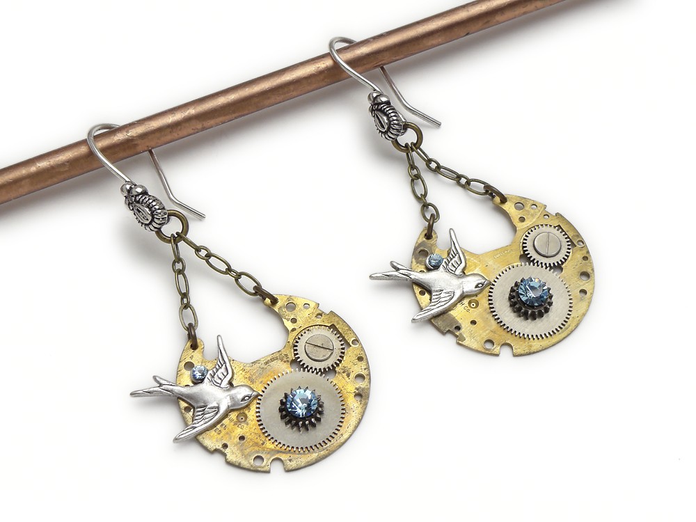 Steampunk Earrings antique vintage watch plates gears wheels cogs circa 1940 silver gold brass swallow bird with aquamarine blue Swarovski crystal stones french wire