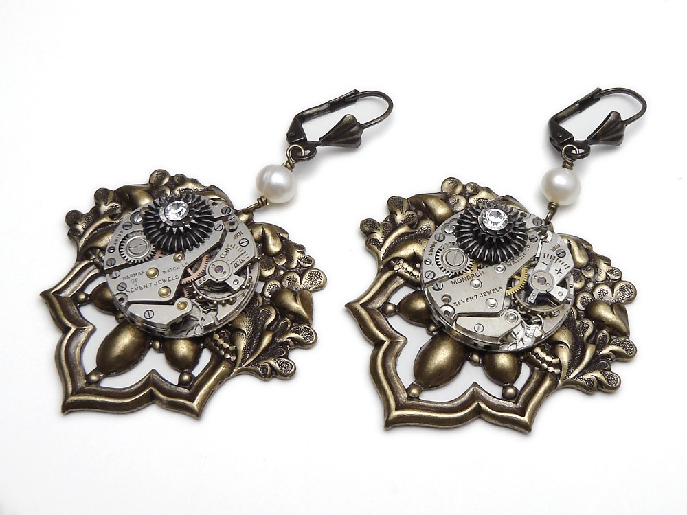 Steampunk Earrings antique watch movements silver gears cogs Victorian gold leaf Swarovski crystal pearls