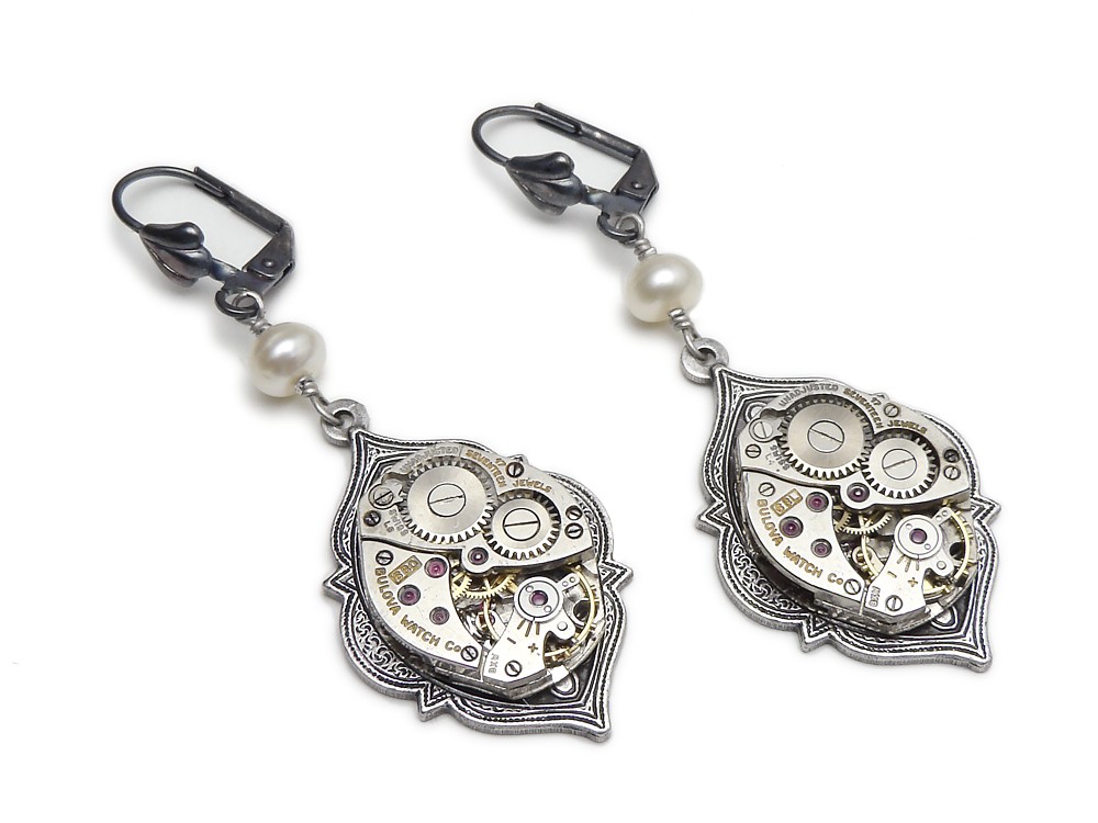 Steampunk Earrings Bulova wristwatch movements antique 1940 17 ruby jewel silver neo victorian motif bezels with genuine pearls dangle vintage original jewelry design by Steampunk Nation 766