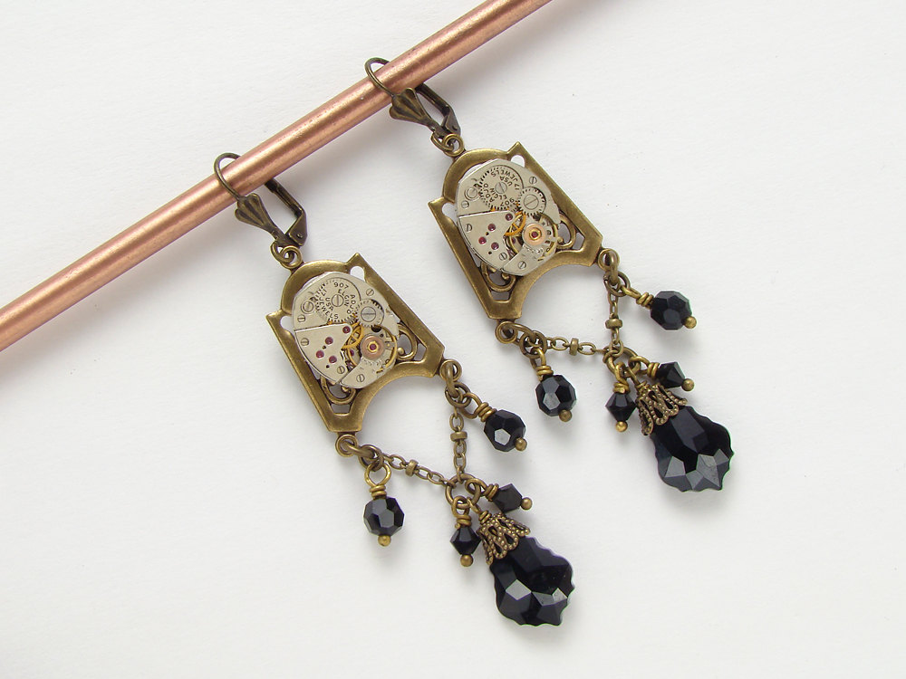 Steampunk Earrings Chandelier silver watch movements gears gold filigree goth black Swarovski crystal jewelry