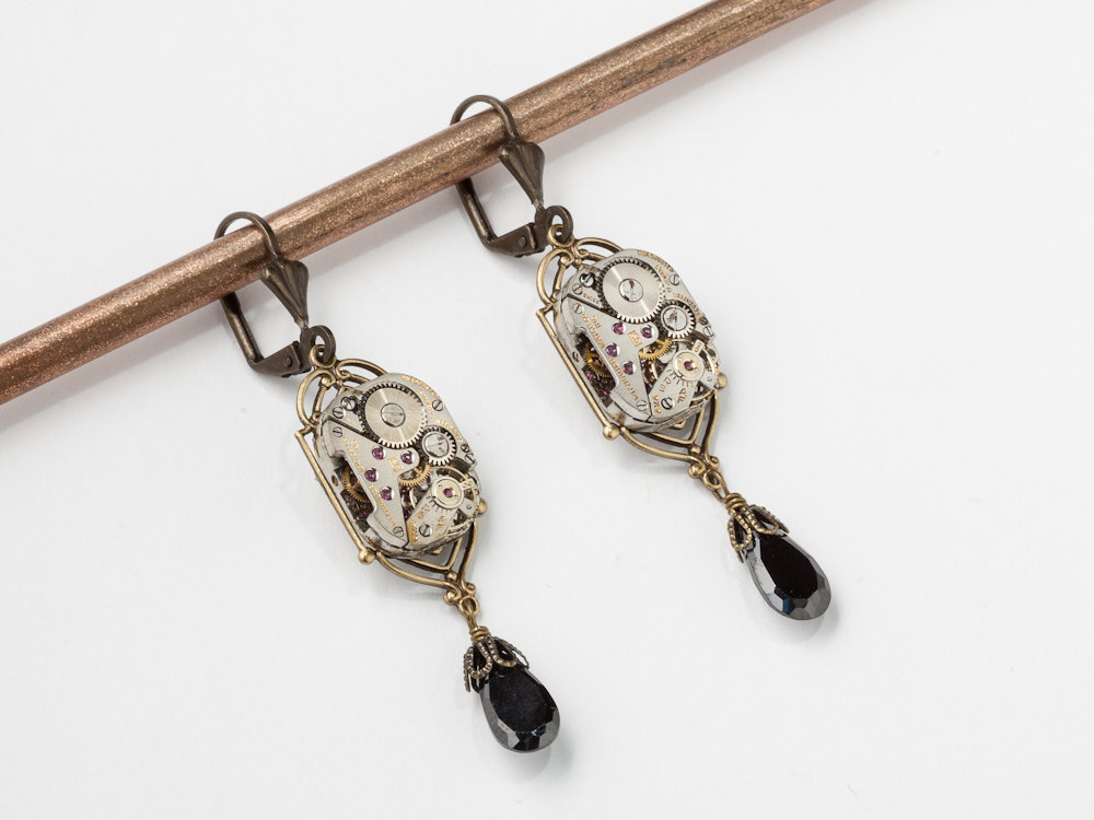 Steampunk Earrings dangle drop silver watch movements gears gold filigree black crystal jewelry