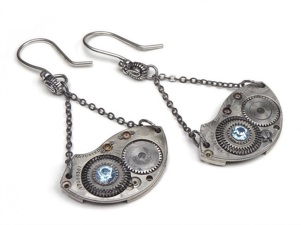 Steampunk Earrings Elgin pocket watch plates gears antique circa 1900 ruby jewel engraved guilloche vintage silver blue swarovski crystal sterling copper dangle