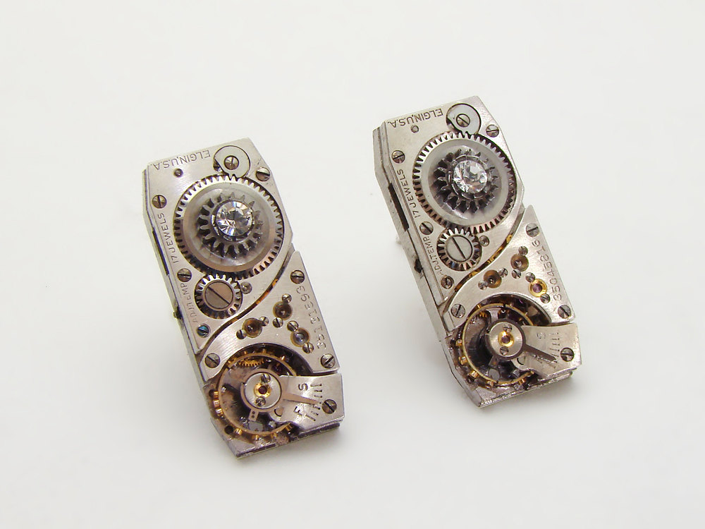 Steampunk Earrings Elgin watch movements ruby jewels gears Sterling Silver posts Swarovski crystal jewelry