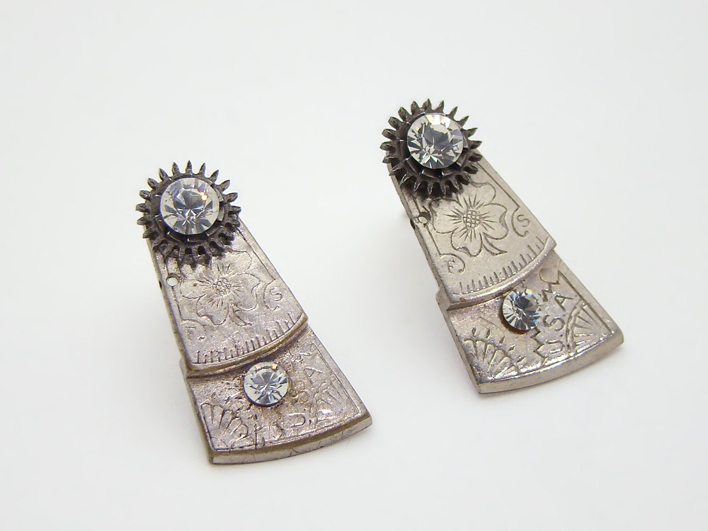 Steampunk Earrings engraved pocket watch plates gears Swarovski crystal flower Sterling Silver posts jewelry