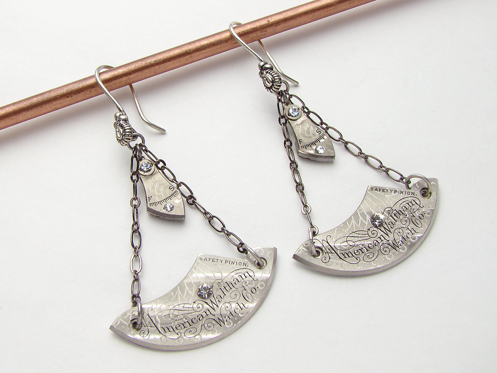 Steampunk Earrings engraved silver pocket watch gear plates antique Swarovski crystal leaf