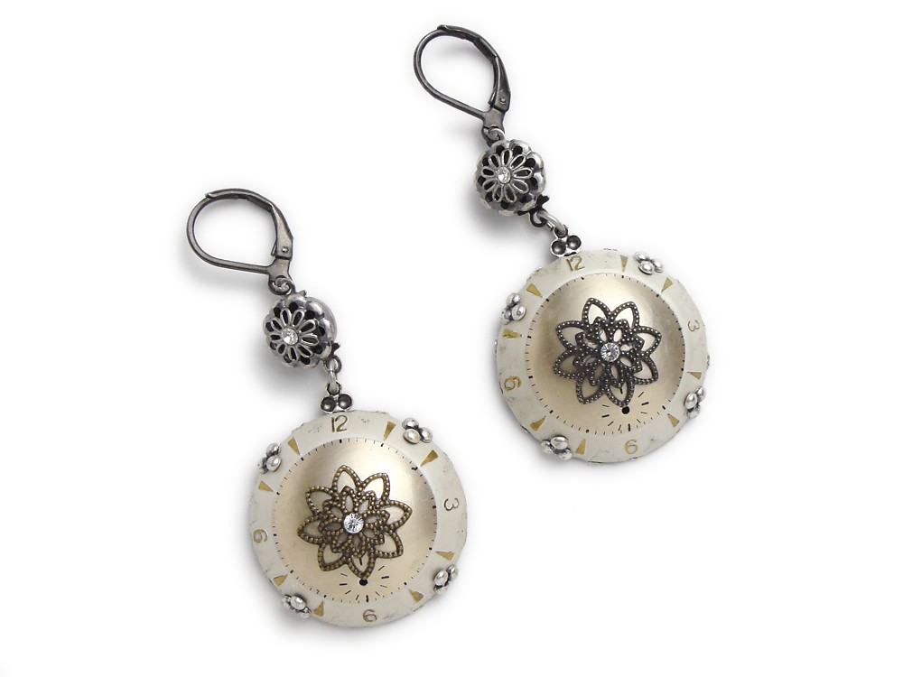 Steampunk Earrings rare domed antique matching watch dials white and gold 1940 silver filigree flower faceted swarovski crystal stones vintage dangle watch parts