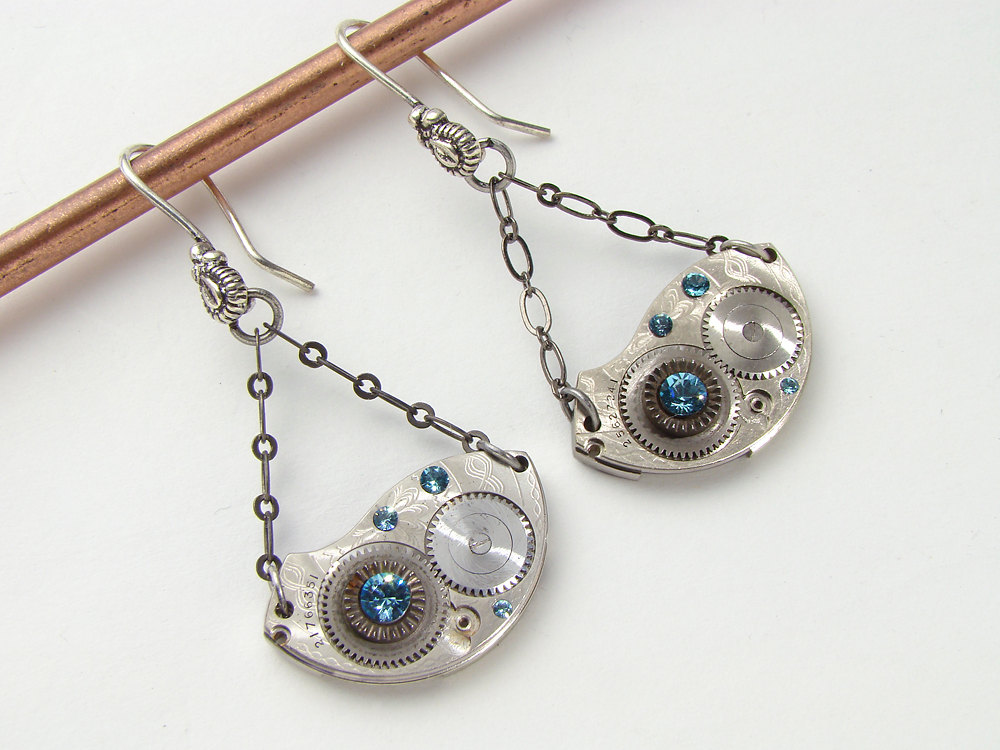 Steampunk Earrings silver engraved pocket watch plates gears blue topaz Swarovski crystal industrial jewelry