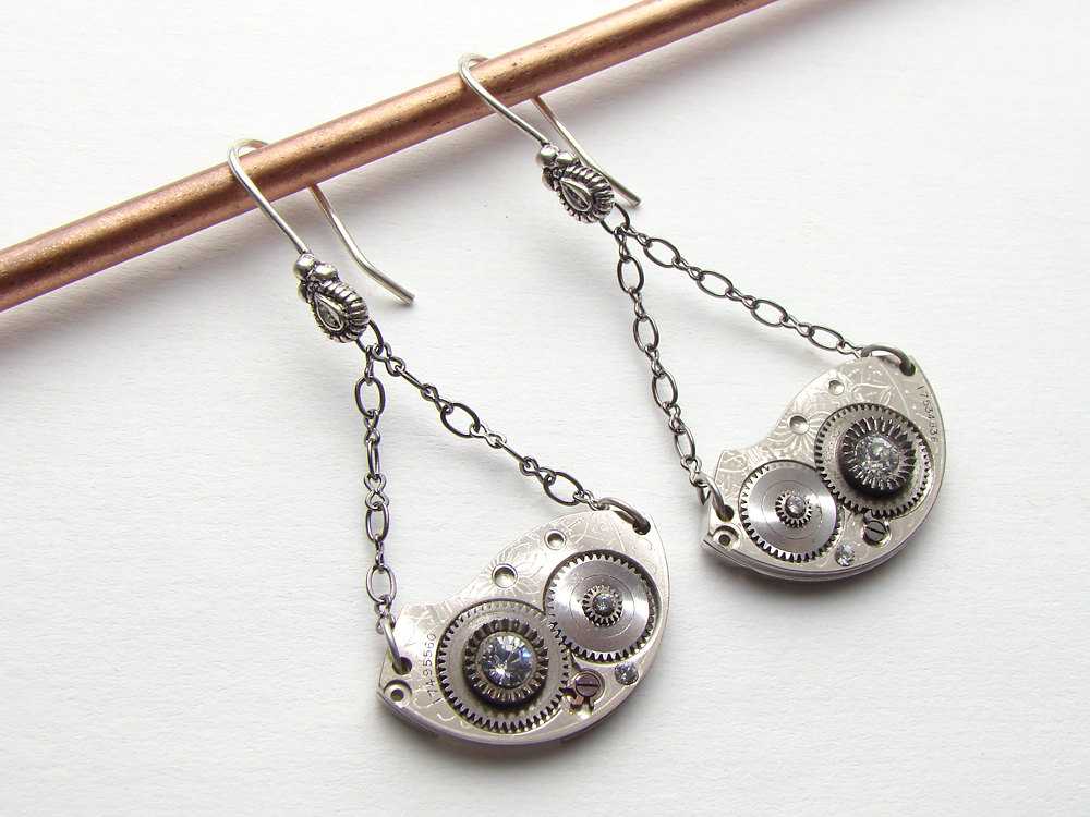 Steampunk Earrings silver engraved pocket watch plates gears crystal stones industrial jewelry