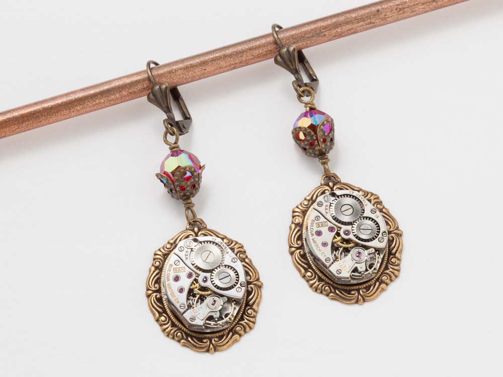Steampunk Earrings silver watch movements gears gold filigree vintage ruby red opal crystal dangle drop earrings Gift Steampunk Jewelry
