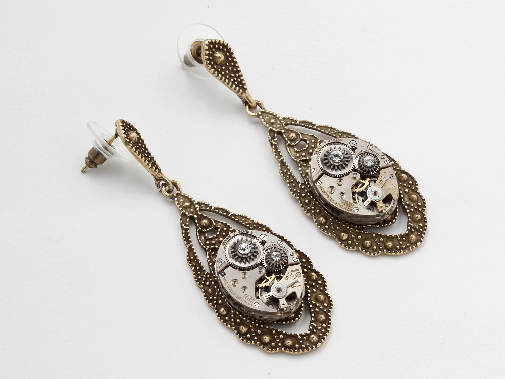 Steampunk Earrings silver watch movements gears Swarovski crystal wedding Gold Dangle Drop earrings Steampunk jewelry
