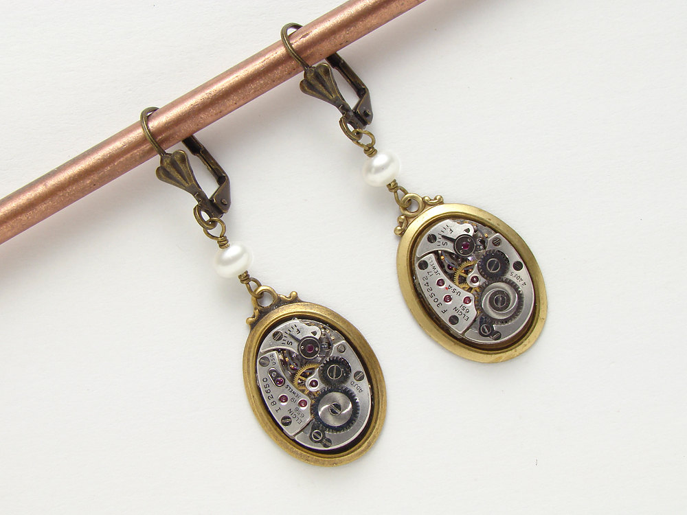 Steampunk Earrings silver watch movements gears Victorian gold Drop Dangle Earrings pearl Wedding womens Steampunk Jewelry