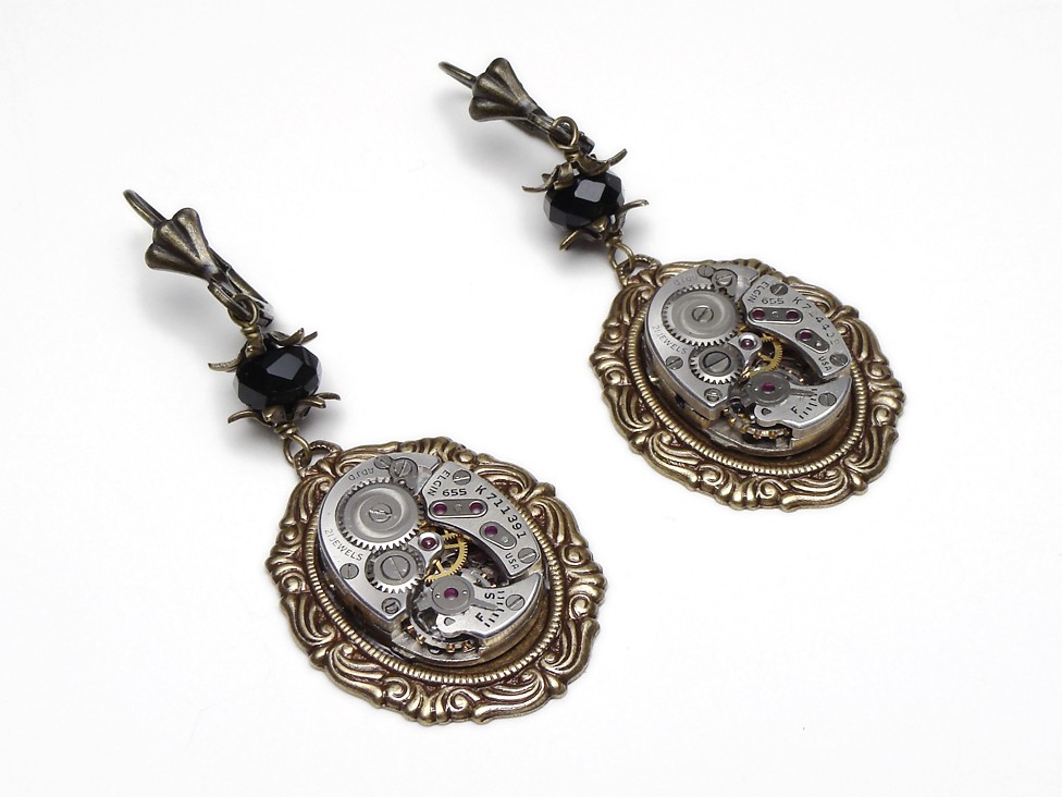 Steampunk Earrings silver watch movements gold leaf flower Vintage black Swarovski crystal dangle drop earrings Steampunk Jewelry