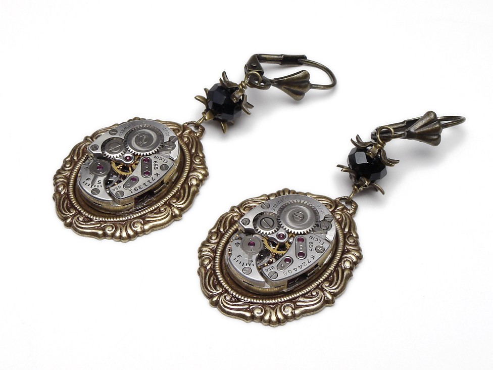 Steampunk Earrings silver watch movements gold leaf flower Vintage black Swarovski crystal dangle drop earrings Steampunk Jewelry