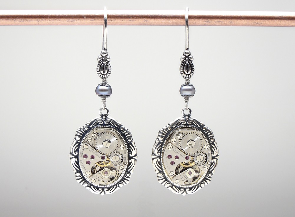Steampunk Earrings silver wristwatch movements gears antique 1940 genuine peacock freshwater pearls17 ruby jewel motif bezels dangle vintage