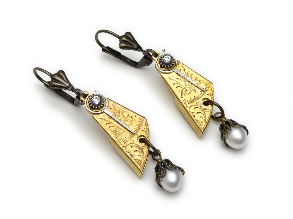 Steampunk Earrings vintage pocket watch parts balance gear gold pearls Swarovski crystal Neo Victorian dangle earrings by Steampunk Nation