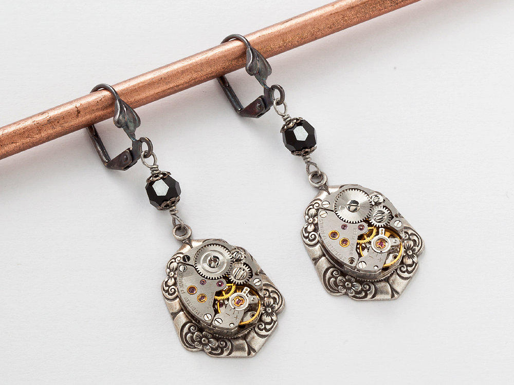 Steampunk Earrings watch movement gears black jet crystal silver flower filigree jewelry